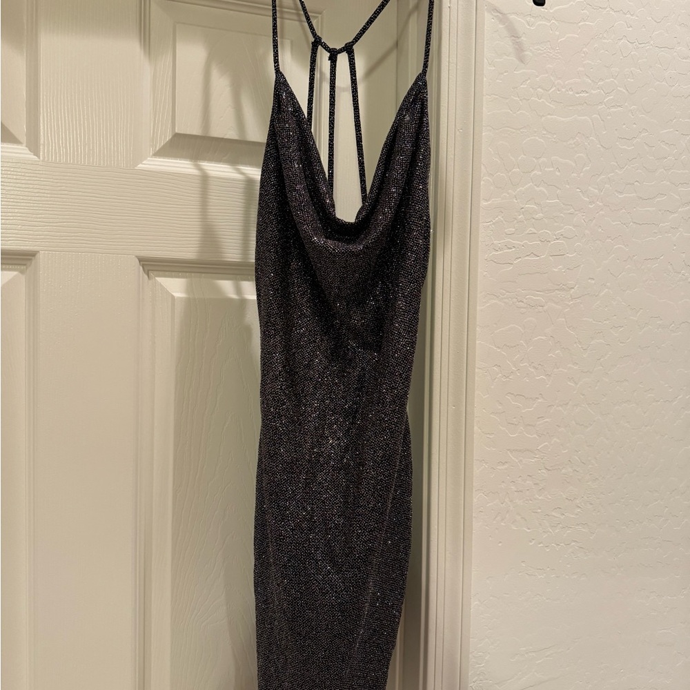 NWT BLACK WITH VIBRANT COLORED SPARKLES SIZE SMALL MINI DRESS cowl neck low back